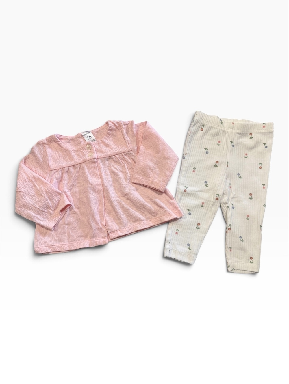 Carter's 9M Baby Set Pink Long Sleeve Cardigan and White Floral Leggings